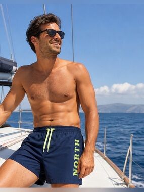 North Sails Volley W Graphic Swim Shorts Men SMALL Blue Nylon Cotton 5” Mesh NWT